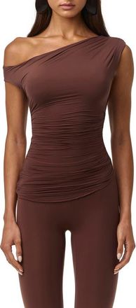 Naked Wardrobe Ruched One-Shoulder Top in Chocolate at Nordstrom, Size X-Large