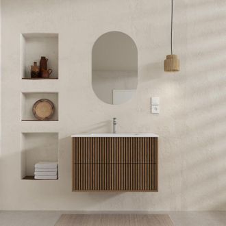 Aurlane Aurlane - Mobile Bagno 60 - 2 Cassetti - Rovere e Nero Scanalato - Lavabo Bianco - Specchio Ovale 50x80