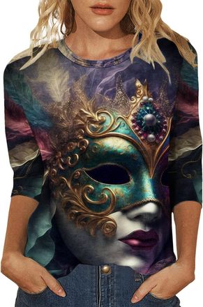Generic HUIFUAO 3/4 Sleeve Mardi Gras Tshirts Women Carnival Costumes for Women Plus Size Womens Mardi Gras Tops Mask Print Shirt (A02 Purple 8, L)