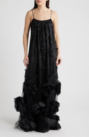 Delfi Ivy Beaded Floral Sleeveless Gown in Black at Nordstrom, Size X-Small