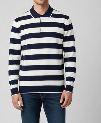 Carolina Herrera Navy Blue & White Stripe Pique Cotton Polo T-Shirt