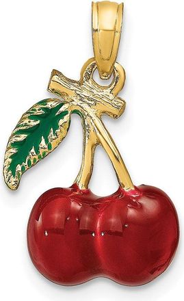 Diamond2Deal 14k Yellow Gold 3-D Red and Green Enameled Cherries with Leaf Charm Pendant