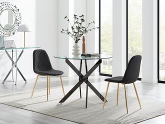 Furniturebox Novara 100cm Round Black Leg Dining Table & 2 Corona Gold Chairs