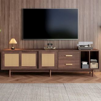 Matteo Dark Wood TV Cabinet with Rattan Sliding Doors & 2 Drawers in Dark Brown
