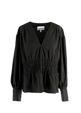 Ganni Black V Neck Ruched Blouse Size S