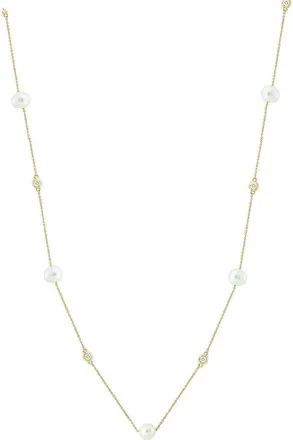 Effy 14K Yellow Gold Diamond-Accented Freshwater Pearl Station Necklace in 14K Gold at Nordstrom, Size 18