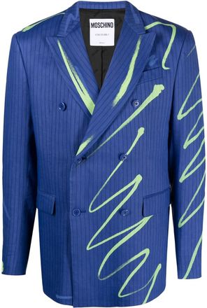 Moschino graphic-print double-breasted blazer - men - Polyester/Viscose/Viscose/Elastane/Linen/Flax - 50 - Blue