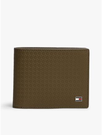 Tommy Hilfiger Mens Allover Flag Logo Leather Bifold Wallet - Green