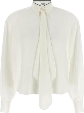 Brunello Cucinelli Zijden Cr&ecirc;pe de Chine Blouse met Strik en Glanzende Kraag - Dames - Overhemden - Wit - M - Leer - Overhemden