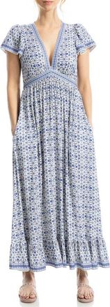 Max Studio Empire Waist Flutter Sleeve Maxi Dress in Cream/Blue Demask Reverie at Nordstrom Rack, Size X-Small