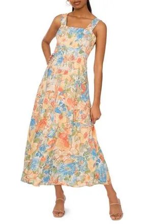 Halogen Floral Square Neck Tiered Maxi Sundress in Melon at Nordstrom Rack, Size X-Large