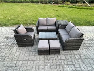 Fimous High Back Rattan Garden Furniture Set w/ Loveseat Sofa Rectangular Coffee Table Side Table 2 Small Footstools Indoor Outdoor Patio Lounge Sofa