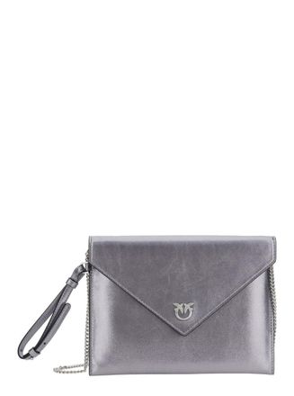 Pinko Metallic Grey Clutch Bag With Metal Plate And Love Birds Logo In Leather Woman
