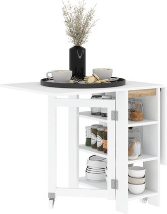 OEM Mesa De Cocina Plegable Con Alas Abatibles 2 Ruedas Y Estantes Estilo Moderno 120x60x75 Cm Blanco