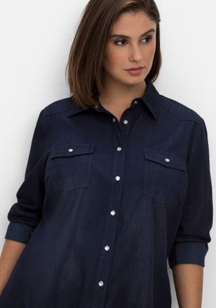 Sheego Jeansbluse SHEEGO, Damen, Gr. 40, blau (dunkelblau denim), 100% Baumwolle, unifarben, V-Ausschnitt, Blusen Jeansbluse
