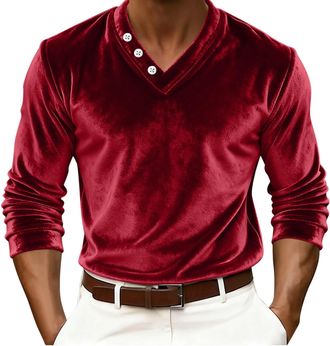 Generic Velvet Long Sleeve T Shirt Men - V Neck - Long Sleeve Vintage Dress Shirts with Buttons - for Daily Wear Wedding Red XXL