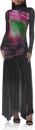 AFRM Joni Sheer Long Sleeve Turtleneck Mesh Maxi Dress in Pink Peony Blur at Nordstrom, Size Xx-Small