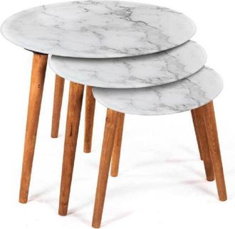 Trade Shop Trade Shop - Set De 3 Mesas De Centro Efecto M&aacute;rmol Pies De Madera Sal&oacute;n Moderno Redondas &Oslash;53-39-30cm 839429
