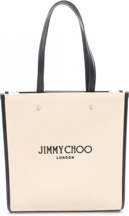 Jimmy Choo London Black Ivory Canvas Leather Handbag Tote Bag (Pre-Owned)