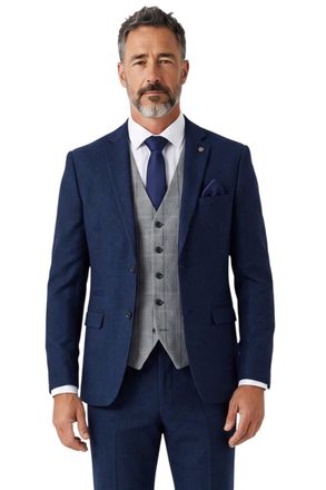 PAUL ANDREW Arthur Navy 3 Piece Tailored Fit Suit with Grey Tweed Check Waistcoat