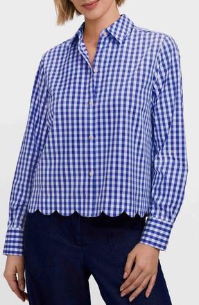 Foxcroft Scarlett Gingham Scallop Hem Button-Up Shirt in Blue/White at Nordstrom, Size X-Large P