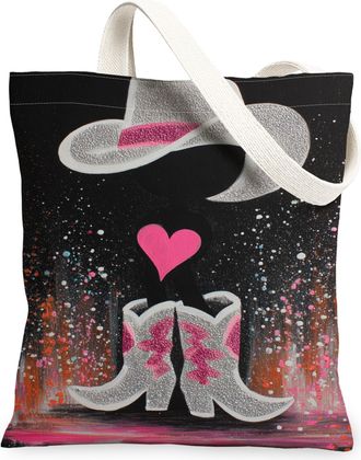 Generic Cowgirls Heart Canvas Tote Bags, Western Boots Pattern Reusable Grocery Bags, Vintage Artistic Lightweight Washable Canvas, Black, 13x15 Inch