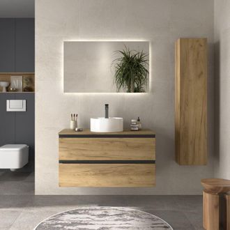 Cygnus Bath Mueble De Ba&ntilde;o Bequia Metal 100cm Roble Lavabo Sobre Encimera Porcelana