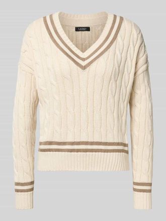 Lauren Ralph Lauren Strickpullover mit Zopfmuster und V-Ausschnitt Modell TEDURPH in Beige, Gr&ouml;&szlig;e XL