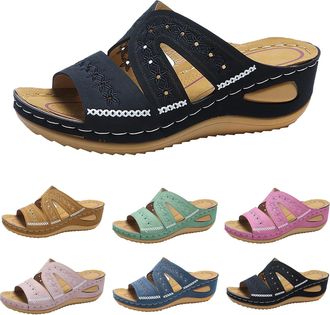 Generic Black Leather Sandals For Women,Arch Support Wedge Flip Flops,Summer Comfortable Dressy Casual Beach Sandal Slippers Vintage Wide Width Boho Non-Slip 