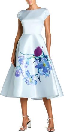 Mac Duggal Satin Cap Sleeve Midi Dress With Floral Print in Periwinkle Multi at Nordstrom, Size 18