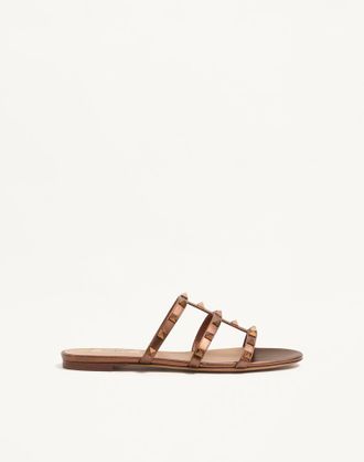 Valentino Garavani Rockstud Flat Metallic Nappa Slide Sandal Woman BRONZE 34.5