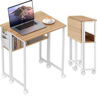 HOMCOM 63 Cm Foldable Computer Desk On Wheels For Small Spaces - Natural wood finish | TJ Hughes