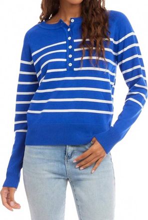 Karen Kane Henley Stripe Sweater In Sapphire With Off White