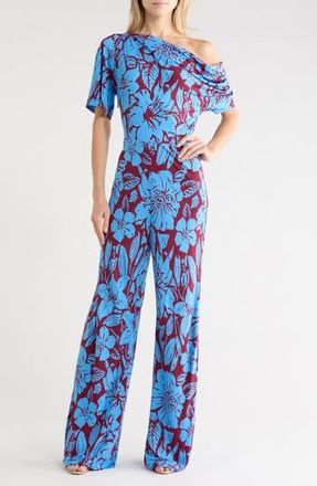 Diane Von F&uuml;rstenberg Wittrock Floral One-Shoulder Short Sleeve Jumpsuit in Iliad Floral Medium Burg at Nordstrom Rack, Size Xx-Small