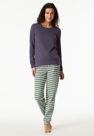 Schiesser Schlafanzug SCHIESSER Casual Essentials, Damen, Gr. 46, indigo, Single Jersey, Obermaterial: 100% Baumwolle, bequem lang, Rundhals, angesetztes B&uuml;ndch