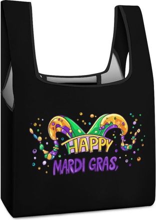 Generic Mardi Happy Day Gras Reusable Shopping Bags Lightweight Foldable Grocery Bag Polyester Washable Tote Bag