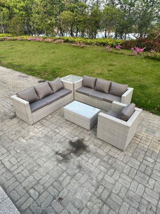 Fimous Outdoor Rattan Garden Furniture Set Corner Sofa Set Oblong Square Coffee Table Armchair in Light Grey