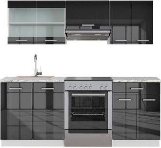 Vicco Mueble De Cocina Fame-line, Antracita Brillo Intenso/blanco, 200 Cm, Et M&aacute;rmol