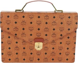MCM Vicetos Logo Pvc Cuir Brown Canvas Briefcase Bag (Pre-Owned)