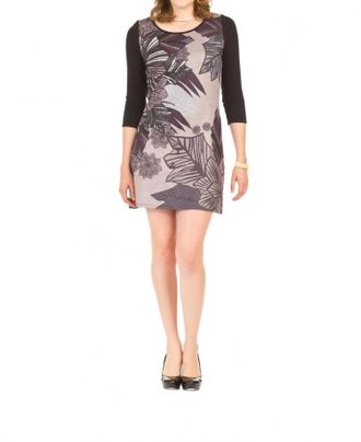 Papillon Leaf Print 3/4 Sleeve Dress In Mocha