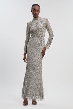 Karen Millen Womens Crystal Embellished Long Sleeve Woven Maxi Dress - Metallic - Size 12 UK