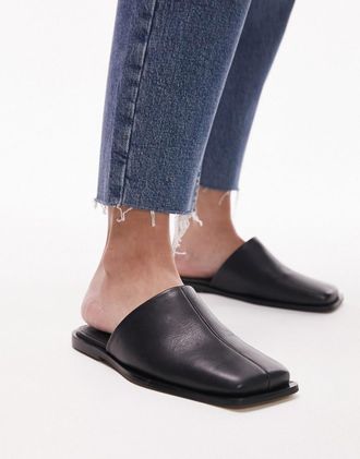 Topshop Cici leather square toe flat mules in black