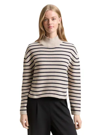 Tom Tailor Denim Strickpullover TOM TAILOR DENIM, Damen, Gr. XXL, cloud grau navy stripe, Strick, Obermaterial: 60% Baumwolle, 40% Polyacryl, gestreift, normal taillen