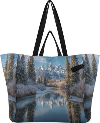 Generic River Mountain Blue print Reusable Canvas Tote Bag, Heavy Duty Grocery Shopping Bag with Large Capacity Hard Bottom Double Handles Work Groceries Trav