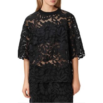 AllSaints Amelie Floral Lace T-Shirt in Black at Nordstrom, Size X-Small Regular