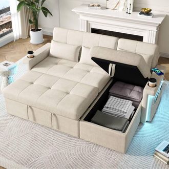 Merax Modern L-Shaped Convertible Corner Sofa Bed with LED & USB Ports in Beige