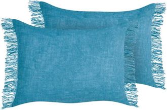 Beliani Beliani - Conjunto De 2 Cojines Rectangulares Con Flecos 35 X 50 Cm Azul Maba