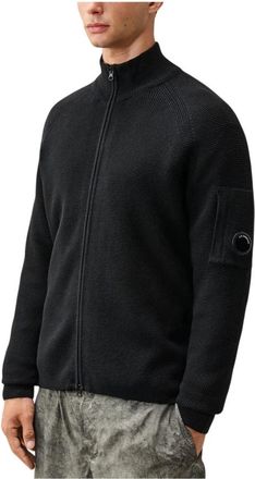 C.P. Company C.p. Company, Truien & Vesten, Heren, Zwart, M, Katoen, Waffle Knit Cotton Zip Lens Cardigan