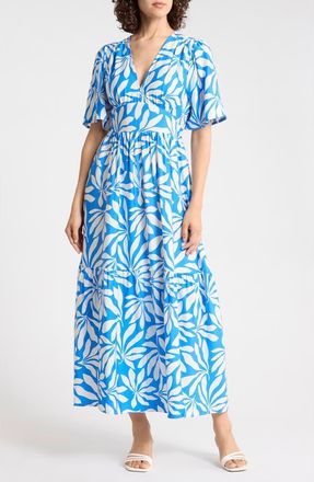 b.young Palms Flutter Sleeve Midi Dress in Palace Blue Palms Mix at Nordstrom Rack, Size 10 Us / 42 Eu