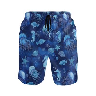 Alaza Beach Shorts for Men, Blue Jellyfish Mens Swim Trunks Hawaiian Board Shorts Quick Dry with Pockets for Summer Vacation Surfing Beachwear Gym Outdoor W